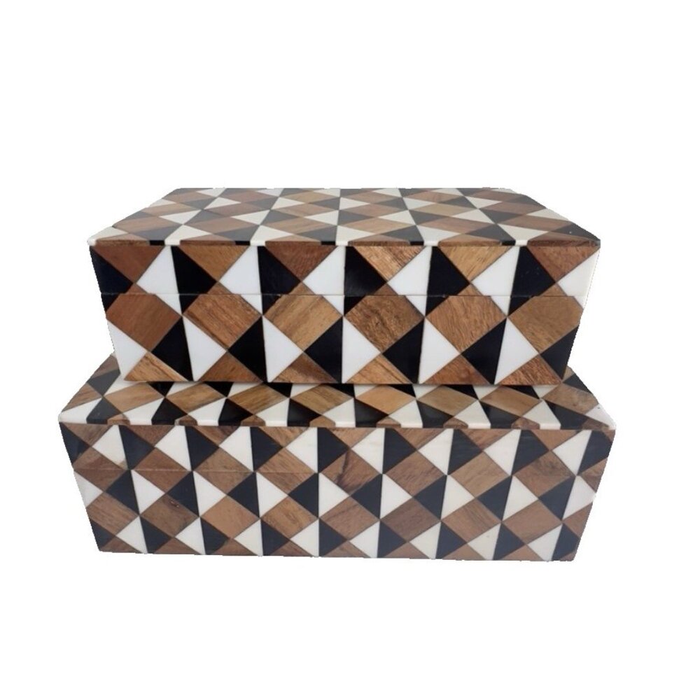 Set of 2 Inlaid Geometric Tri-Color Boxes Black Brown White Accessories Jewelry